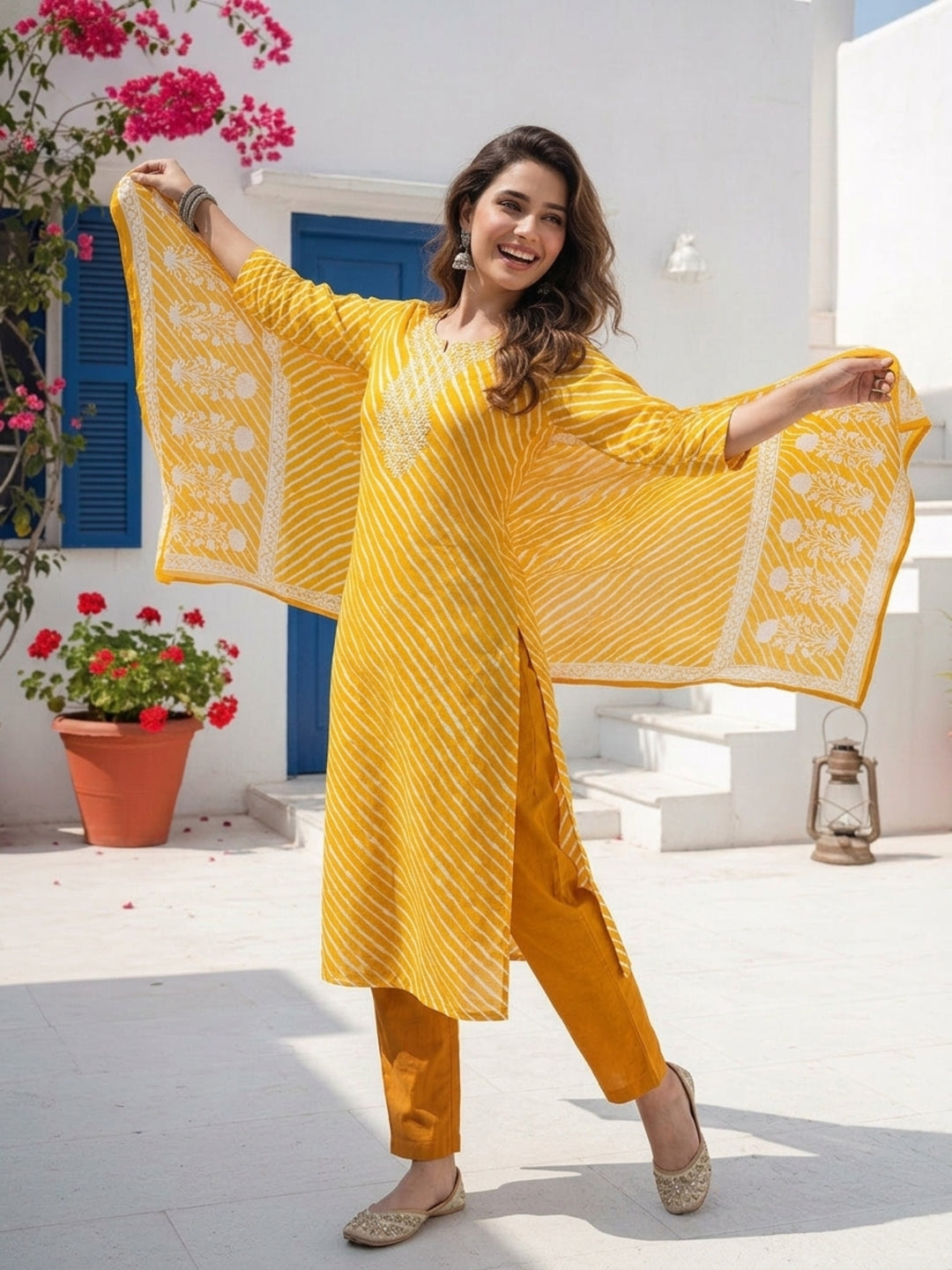 Leheriya Printed & Embroidered Straight Kurta with Pant & Dupatta - Mustard Yellow