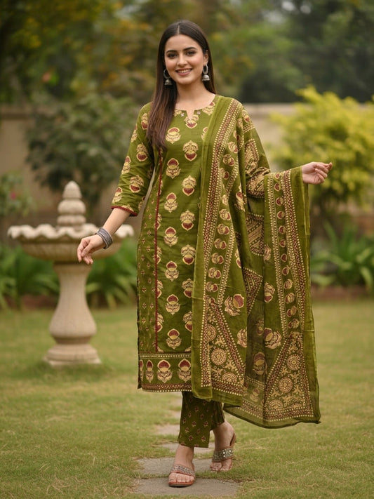 Ethnic Printed Anarkali Kurta with Pant & Dupatta - Green