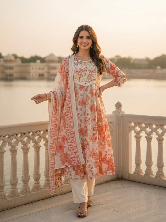 Floral Printed & Embroidered Anarkali Kurta with Pant & Dupatta - Cream