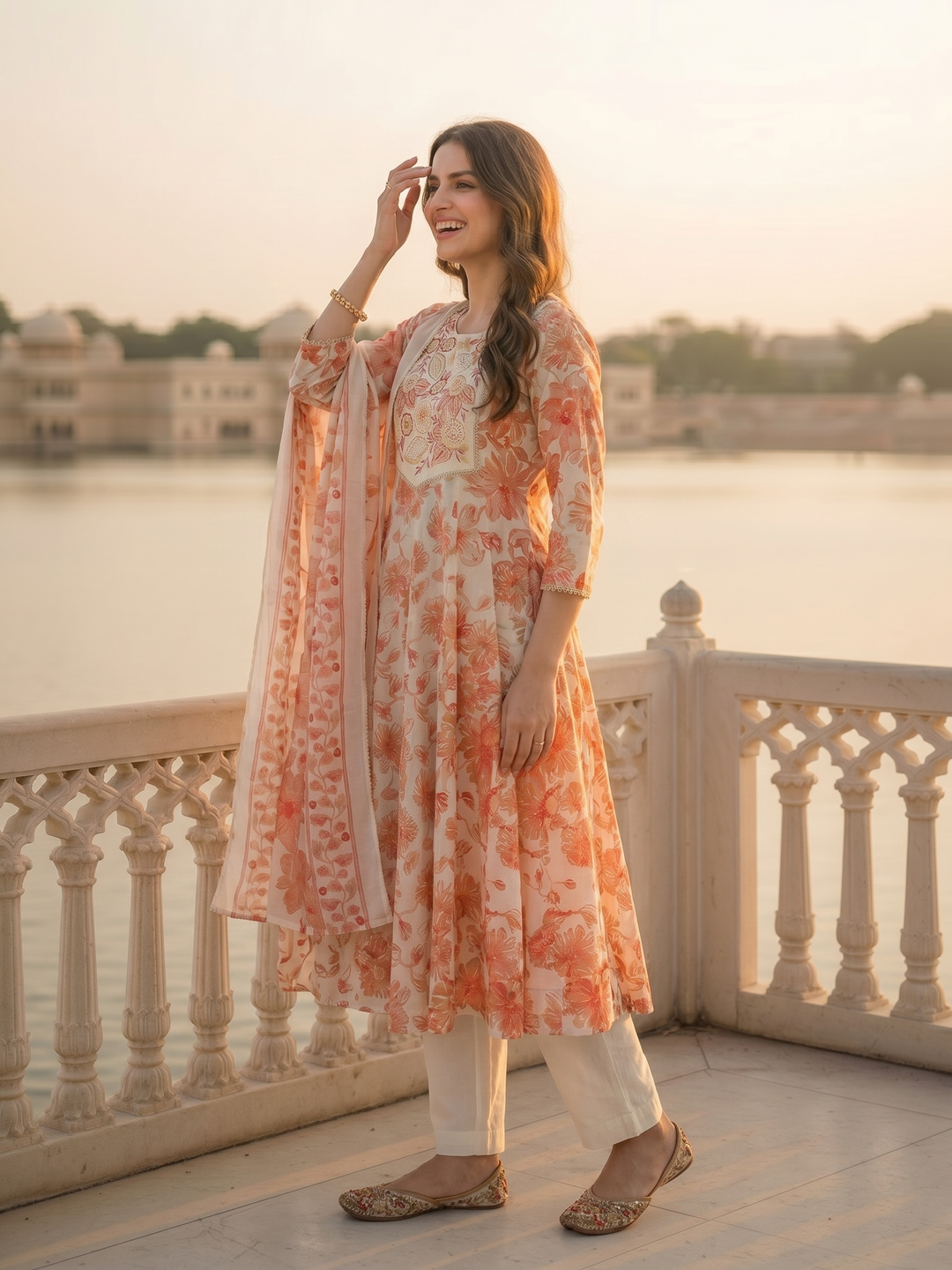 Floral Printed & Embroidered Anarkali Kurta with Pant & Dupatta - Cream