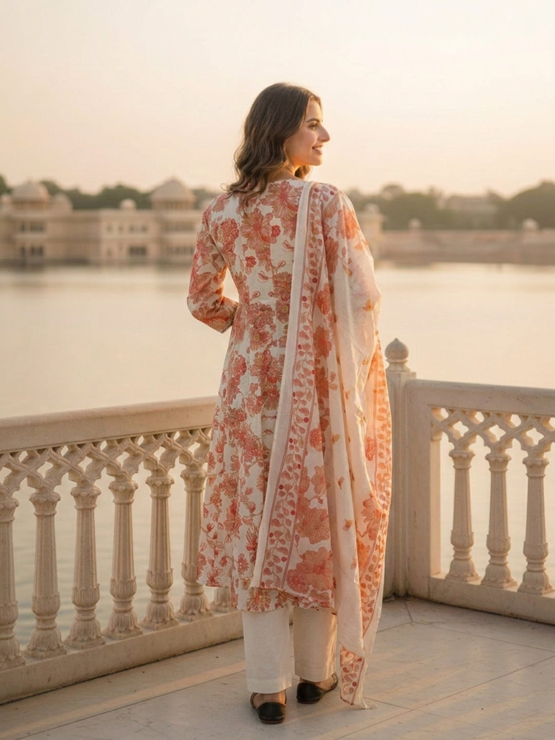 Floral Printed & Embroidered Anarkali Kurta with Pant & Dupatta - Cream