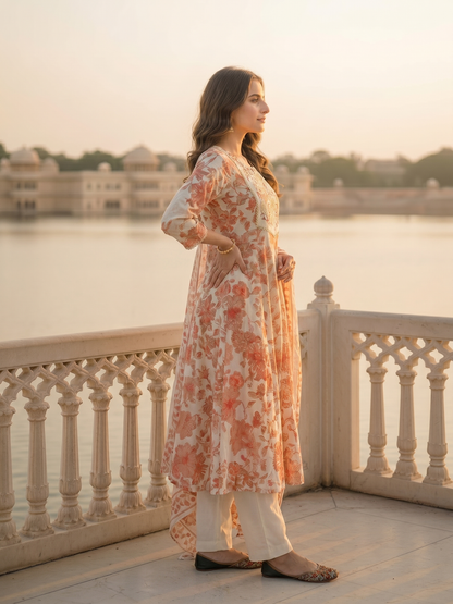 Floral Printed & Embroidered Anarkali Kurta with Pant & Dupatta - Cream