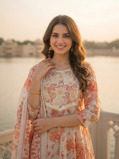 Floral Printed & Embroidered Anarkali Kurta with Pant & Dupatta - Cream