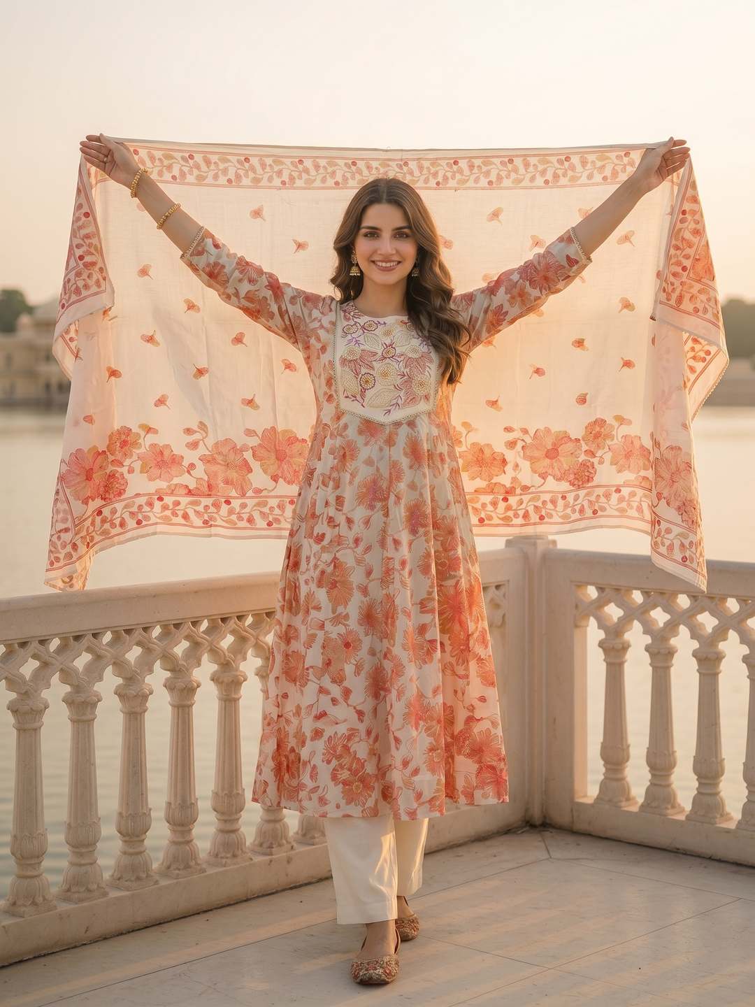 Floral Printed & Embroidered Anarkali Kurta with Pant & Dupatta - Cream