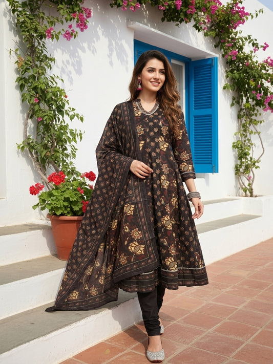 Ethnic Floral Printed Flared Kurta with Pant & Dupatta - Black