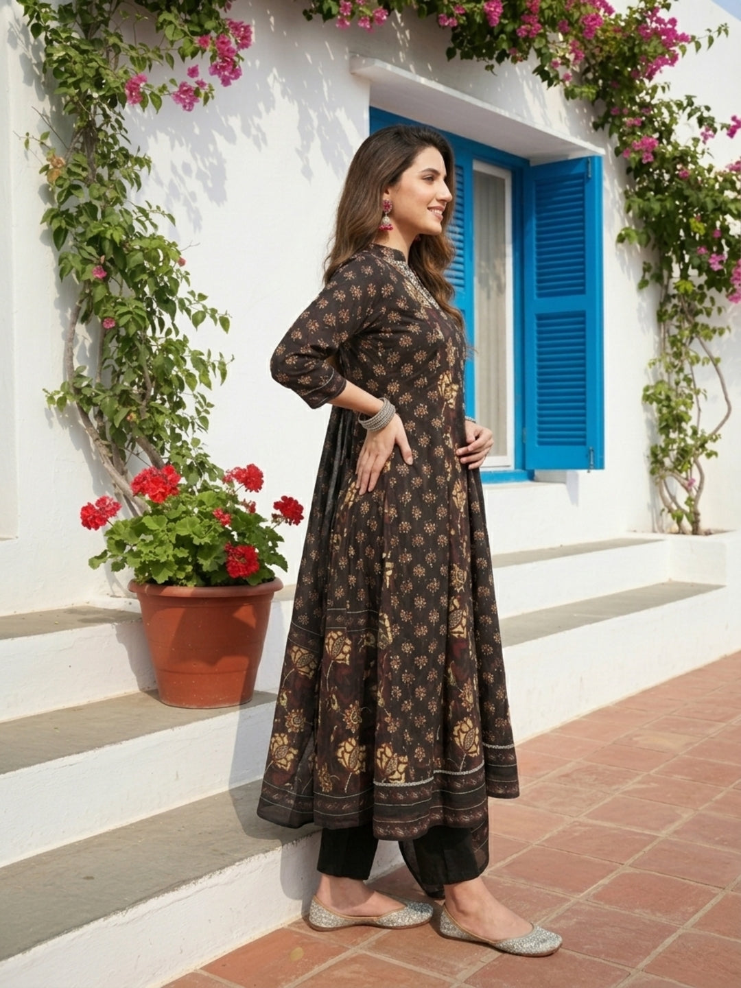 Ethnic Floral Printed Flared Kurta with Pant & Dupatta - Black