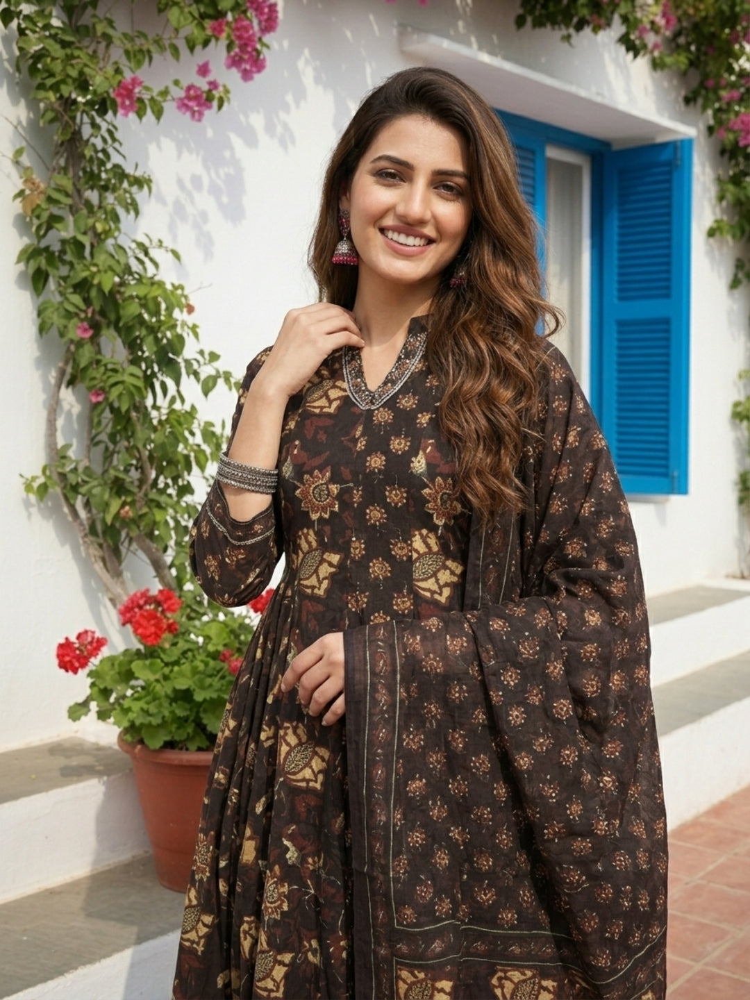 Ethnic Floral Printed Flared Kurta with Pant & Dupatta - Black