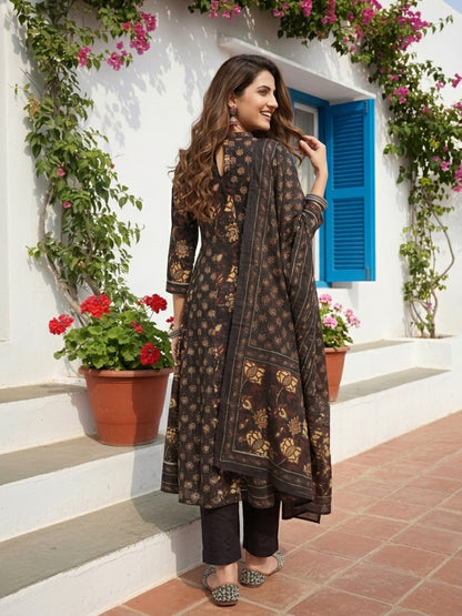 Ethnic Floral Printed Flared Kurta with Pant & Dupatta - Black