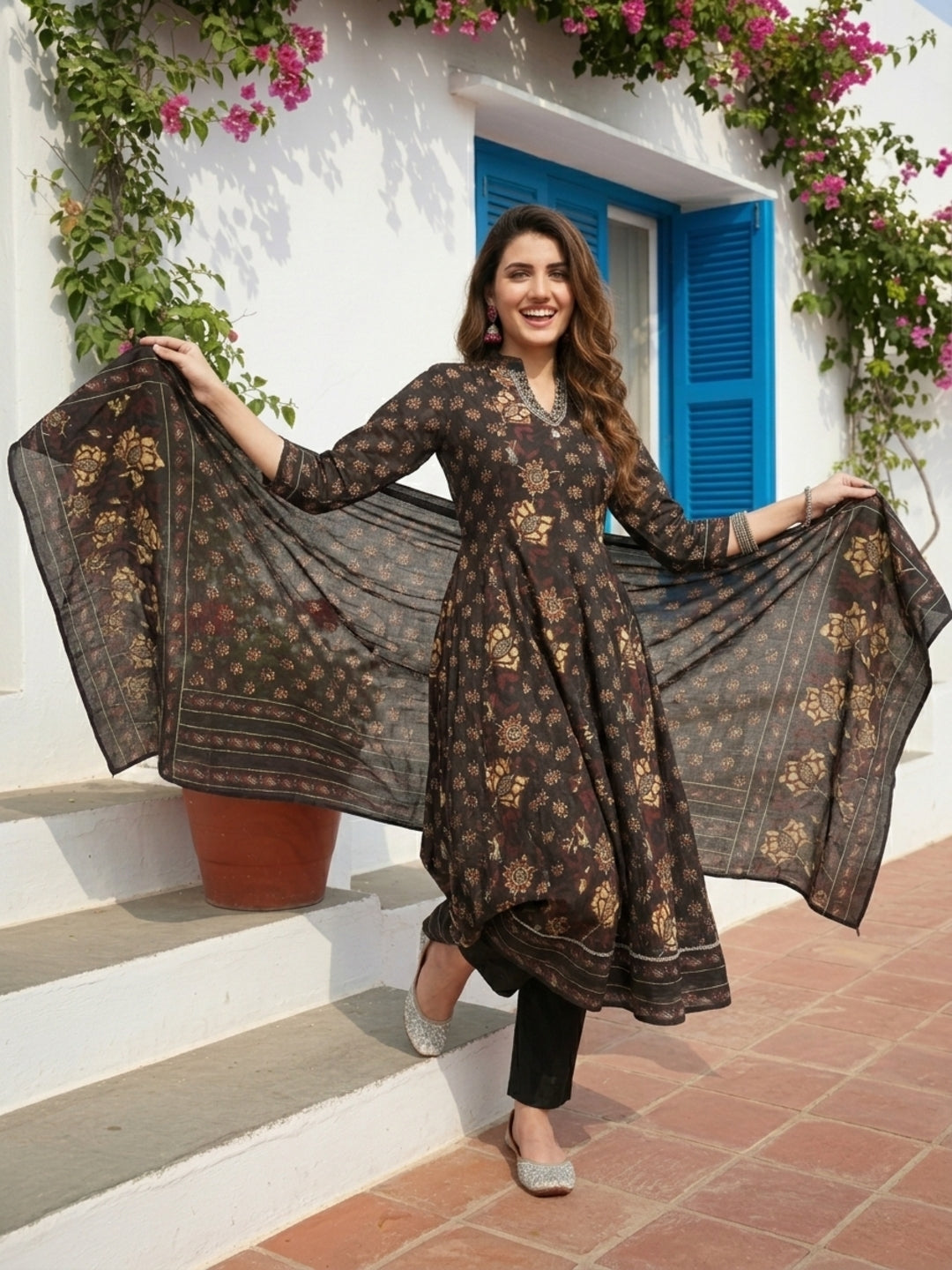 Ethnic Floral Printed Flared Kurta with Pant & Dupatta - Black