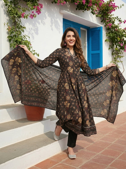 Ethnic Floral Printed Flared Kurta with Pant & Dupatta - Black