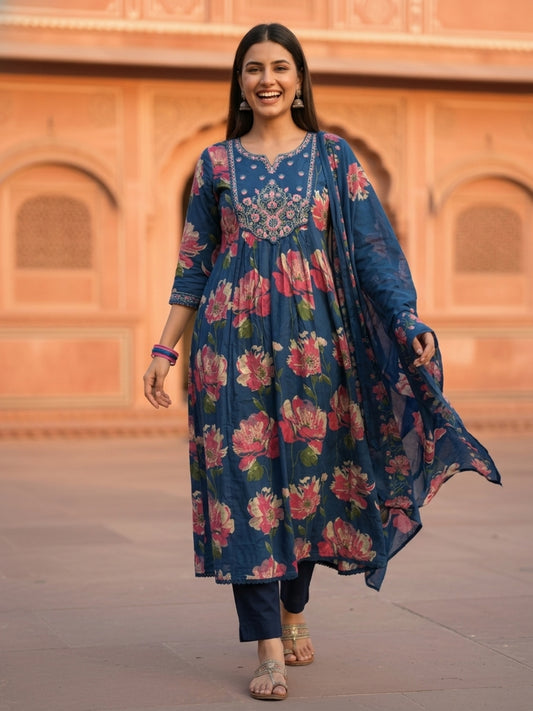 Floral Printed & Embroidered Anarkali Kurta with Pant & Dupatta - Blue