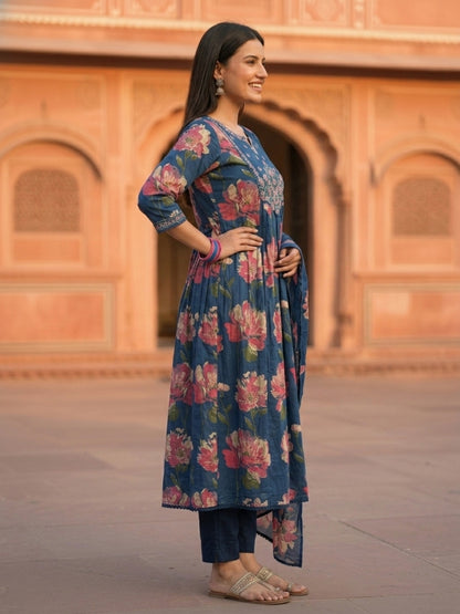 Floral Printed & Embroidered Anarkali Kurta with Pant & Dupatta - Blue