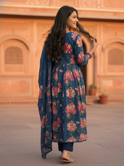 Floral Printed & Embroidered Anarkali Kurta with Pant & Dupatta - Blue