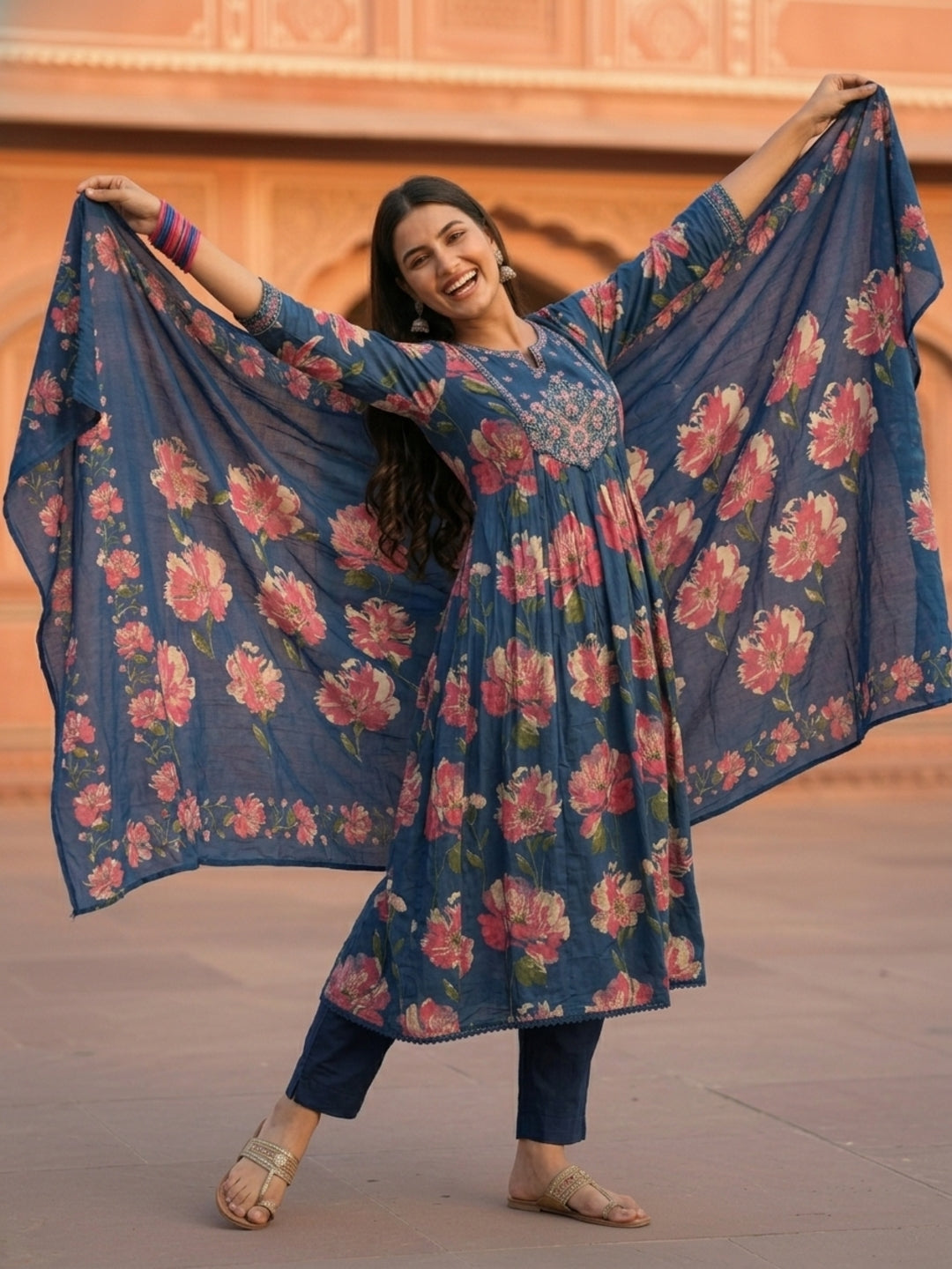 Floral Printed & Embroidered Anarkali Kurta with Pant & Dupatta - Blue