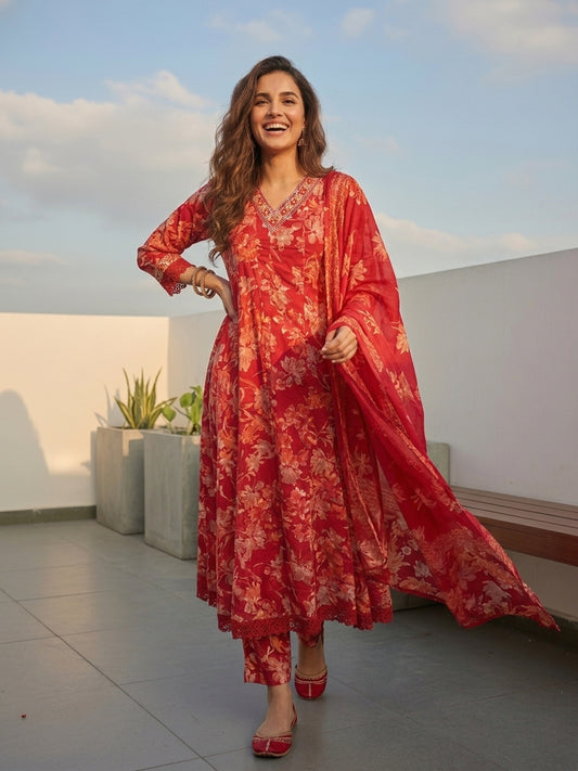 Floral Printed & Embroidered Anarkali Kurta with Pant & Dupatta - Red