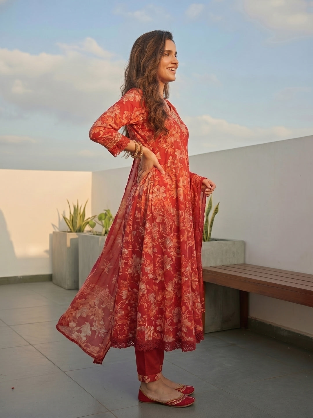 Floral Printed & Embroidered Anarkali Kurta with Pant & Dupatta - Red