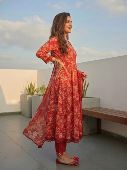 Floral Printed & Embroidered Anarkali Kurta with Pant & Dupatta - Red