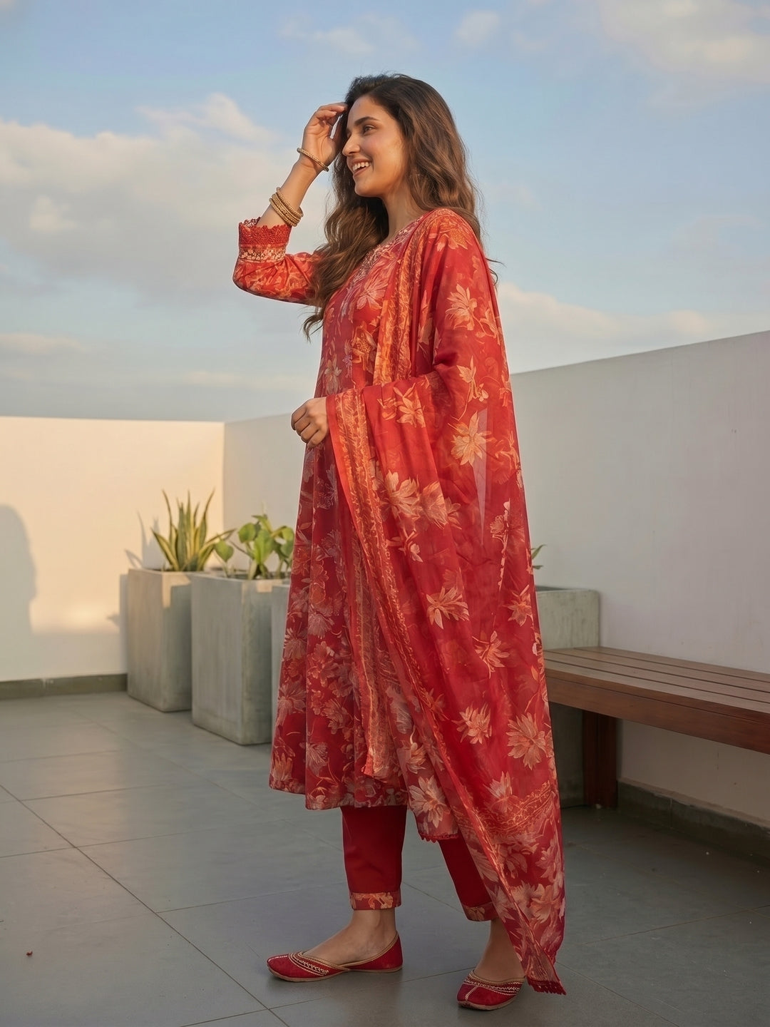 Floral Printed & Embroidered Anarkali Kurta with Pant & Dupatta - Red