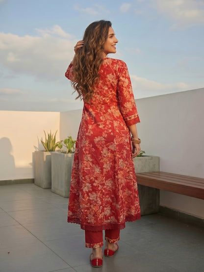 Floral Printed & Embroidered Anarkali Kurta with Pant & Dupatta - Red