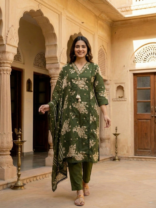 Floral Printed & Embroidered Straight Kurta with Pant & Dupatta - Green
