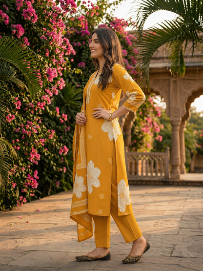 Abstract Floral Printed & Mirror Work Straight Kurta with Pant & Dupatta - Mustard