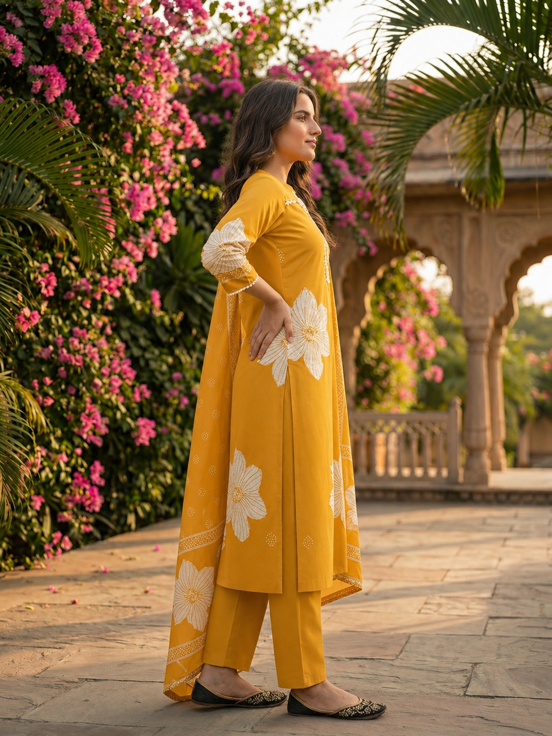 Abstract Floral Printed & Mirror Work Straight Kurta with Pant & Dupatta - Mustard