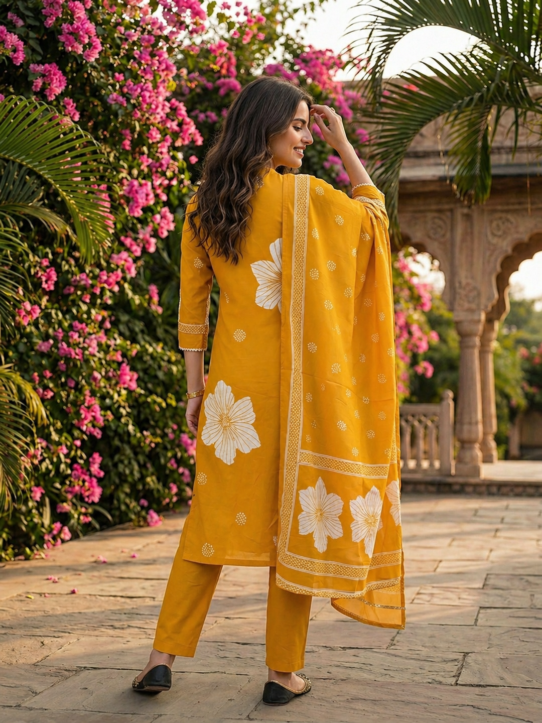 Abstract Floral Printed & Mirror Work Straight Kurta with Pant & Dupatta - Mustard