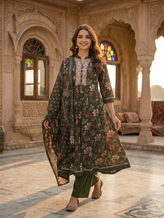 Floral Printed & Embroidered Anarkali Kurta with Pant & Dupatta - Green