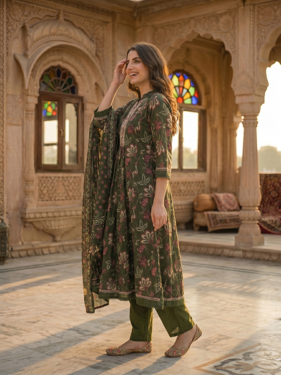 Floral Printed & Embroidered Anarkali Kurta with Pant & Dupatta - Green