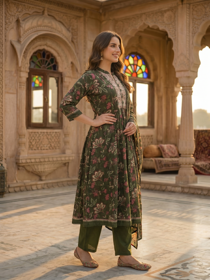 Floral Printed & Embroidered Anarkali Kurta with Pant & Dupatta - Green