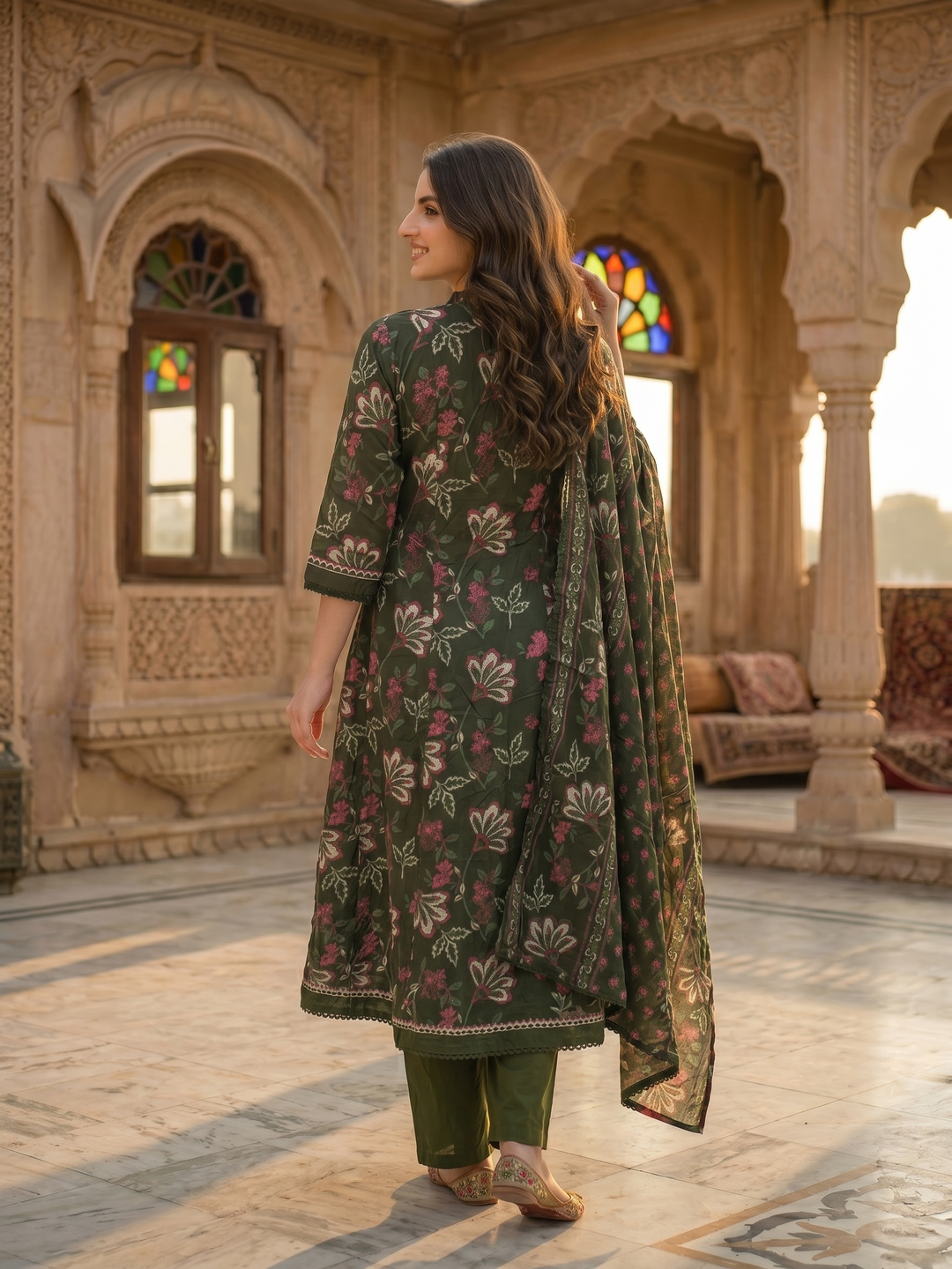 Floral Printed & Embroidered Anarkali Kurta with Pant & Dupatta - Green