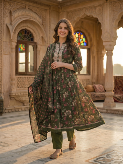 Floral Printed & Embroidered Anarkali Kurta with Pant & Dupatta - Green