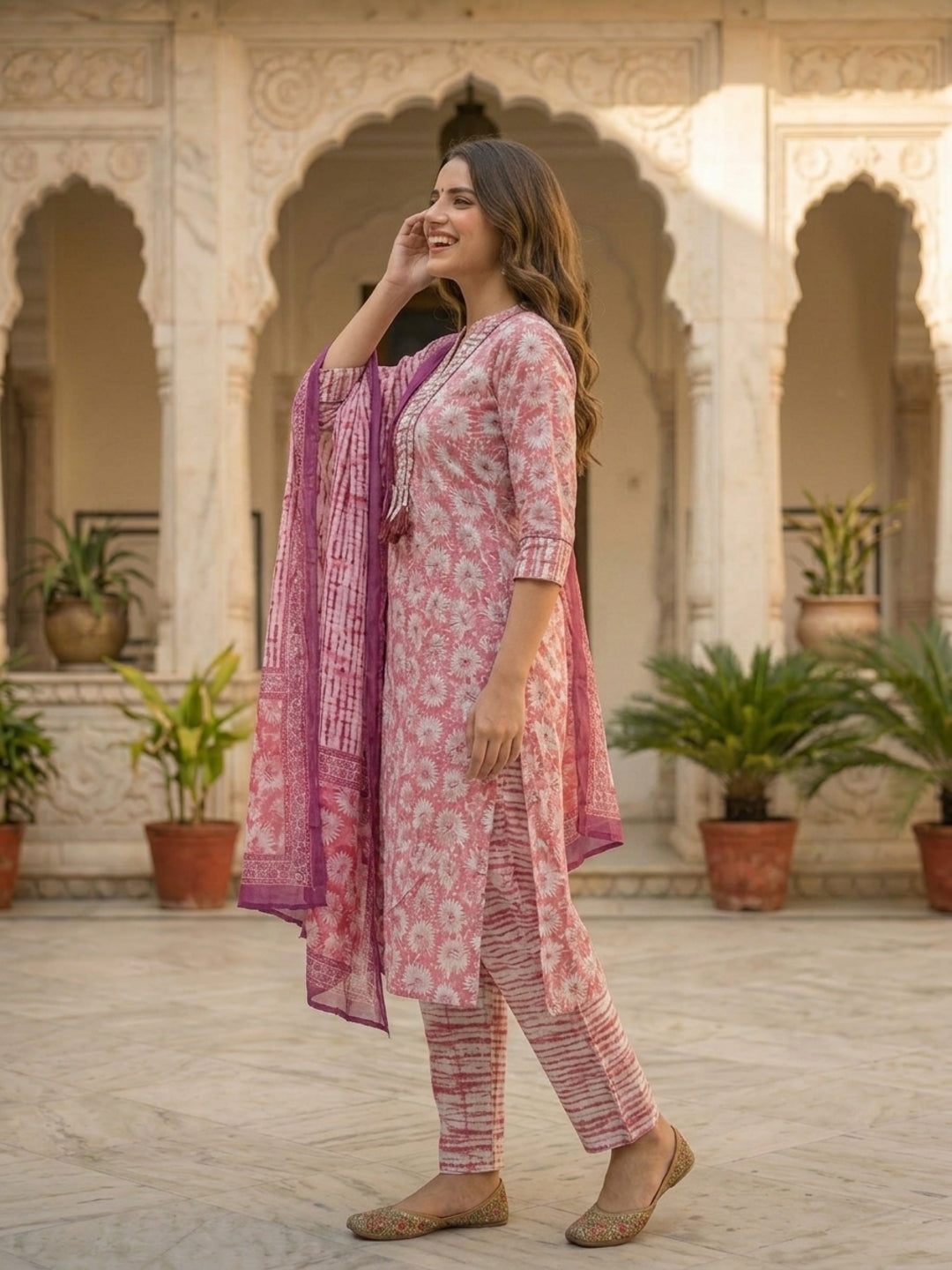 Abstract Printed Mirror Work Straight Kurta with Pyjama & Dupatta - Rose