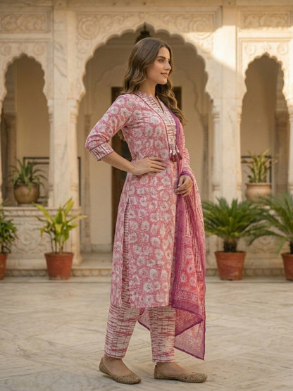 Abstract Printed Mirror Work Straight Kurta with Pyjama & Dupatta - Rose