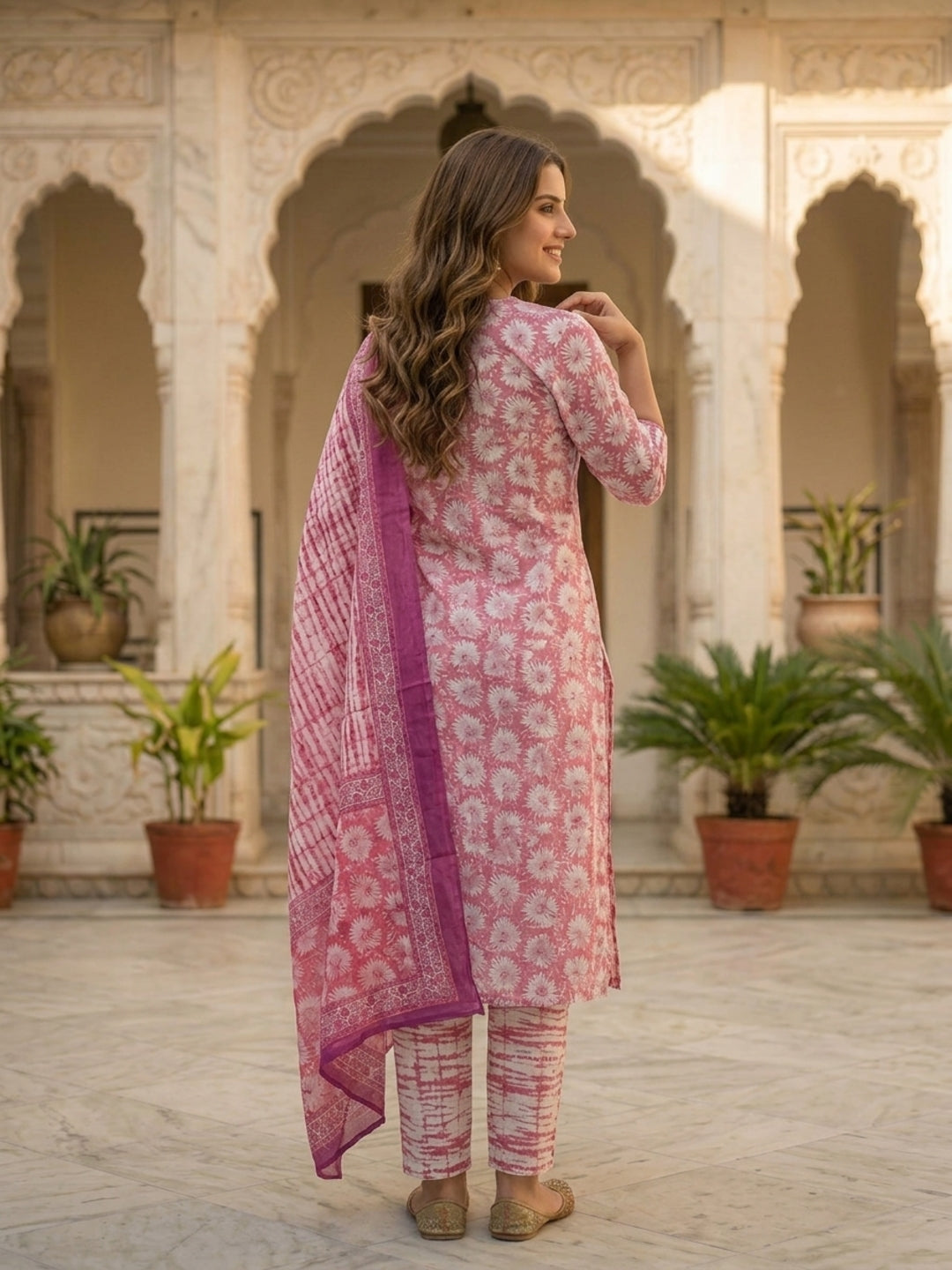 Abstract Printed Mirror Work Straight Kurta with Pyjama & Dupatta - Rose