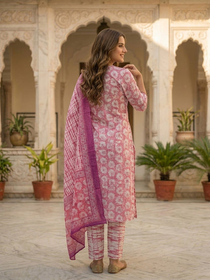 Abstract Printed Mirror Work Straight Kurta with Pyjama & Dupatta - Rose