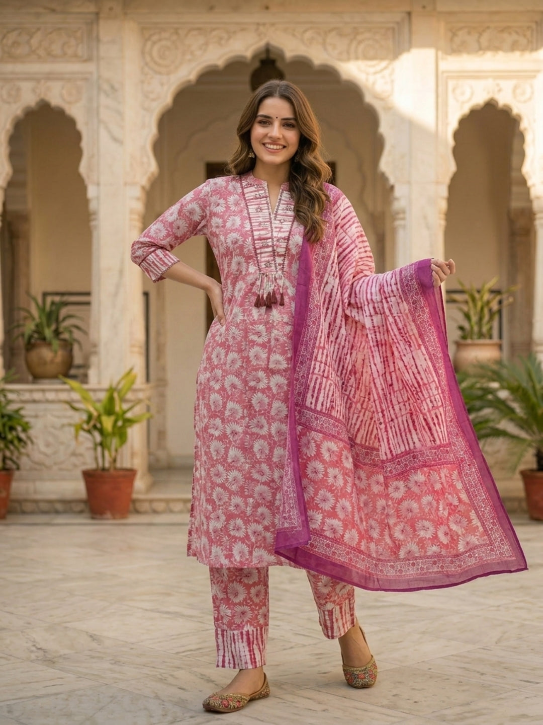 Abstract Printed Mirror Work Straight Kurta with Pyjama & Dupatta - Rose