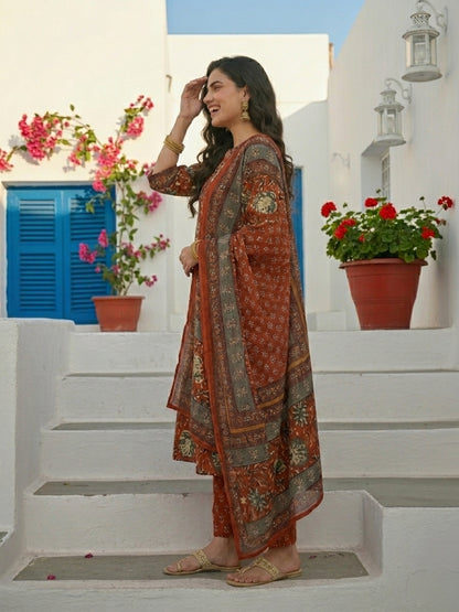 Ethnic Bagru Printed & Lace A-Line Kurta with Pant & Dupatta - Rust