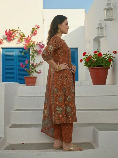 Ethnic Bagru Printed & Lace A-Line Kurta with Pant & Dupatta - Rust