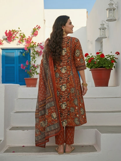 Ethnic Bagru Printed & Lace A-Line Kurta with Pant & Dupatta - Rust