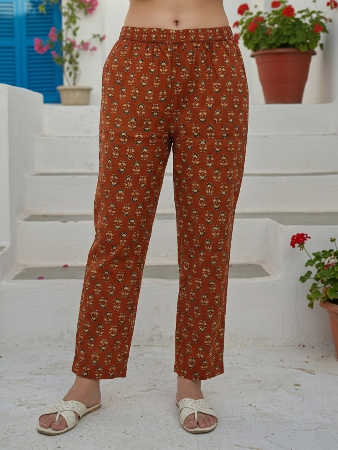 Ethnic Bagru Printed & Lace A-Line Kurta with Pant & Dupatta - Rust