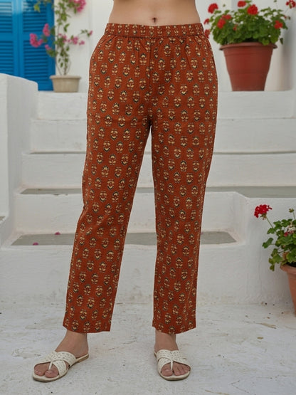 Ethnic Bagru Printed & Lace A-Line Kurta with Pant & Dupatta - Rust
