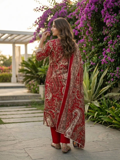 Ethnic Floral Printed & Lace A-Line Kurta with Pant & Dupatta - Red