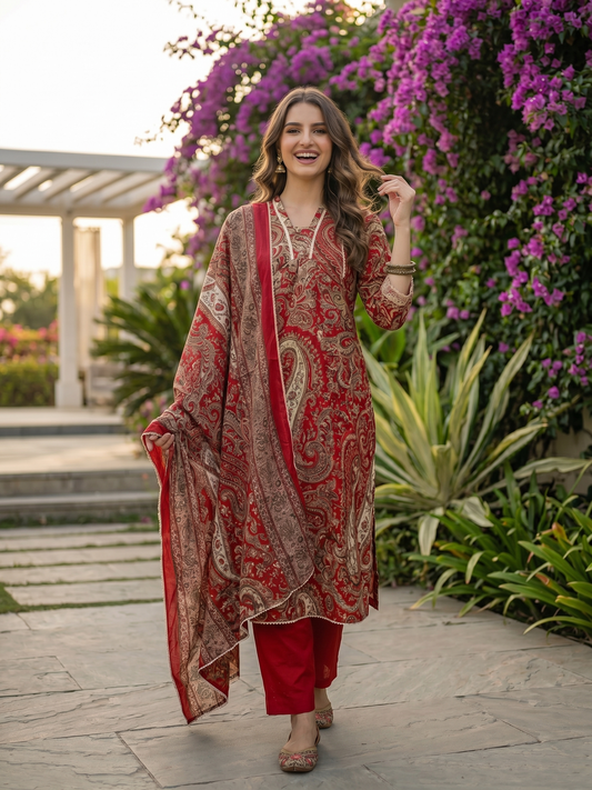 Ethnic Floral Printed & Lace A-Line Kurta with Pant & Dupatta - Red
