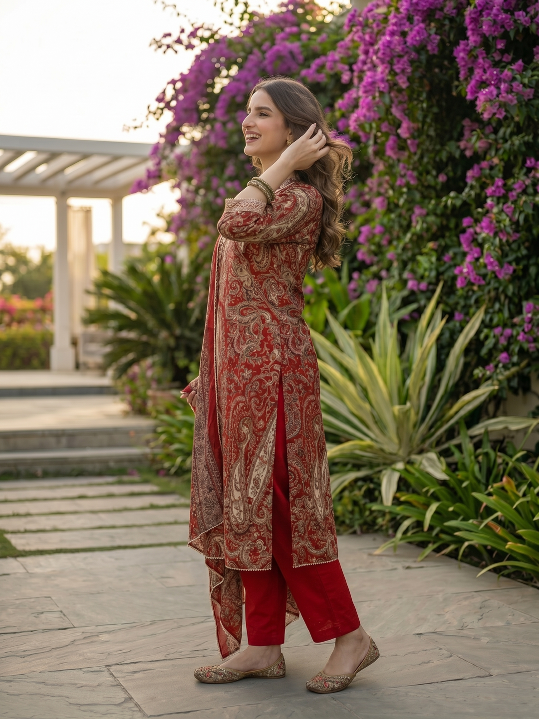 Ethnic Floral Printed & Lace A-Line Kurta with Pant & Dupatta - Red