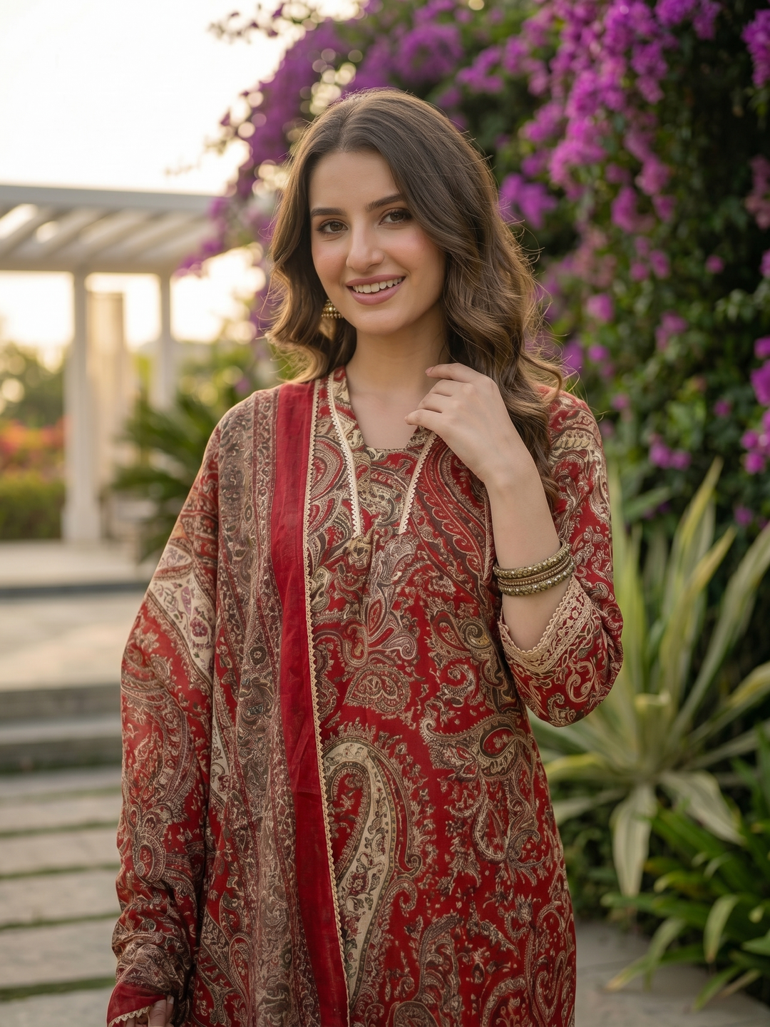 Ethnic Floral Printed & Lace A-Line Kurta with Pant & Dupatta - Red