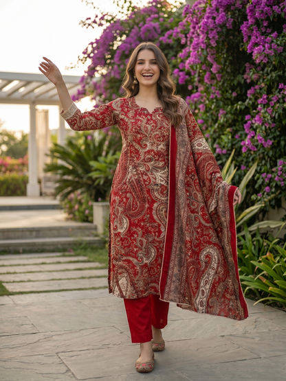 Ethnic Floral Printed & Lace A-Line Kurta with Pant & Dupatta - Red