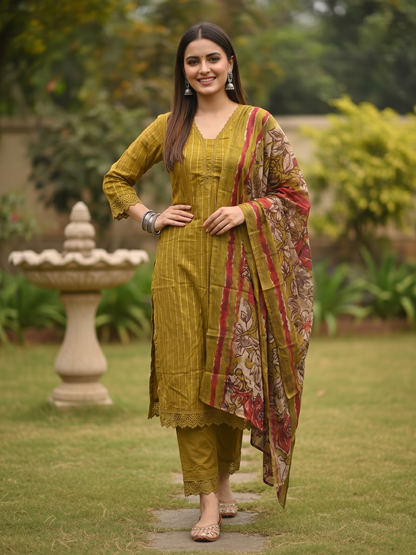 Stripes Printed Straight Kurta with Pant & Dupatta - Mehendi Green
