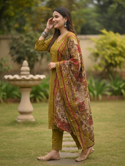 Stripes Printed Straight Kurta with Pant & Dupatta - Mehendi Green