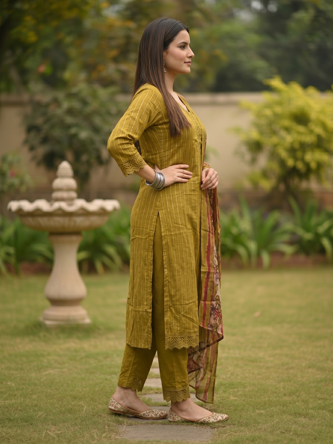 Stripes Printed Straight Kurta with Pant & Dupatta - Mehendi Green